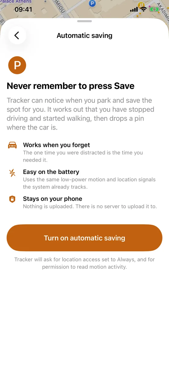 The automatic saving screen, explaining that Tracker can save the parking spot on its own.