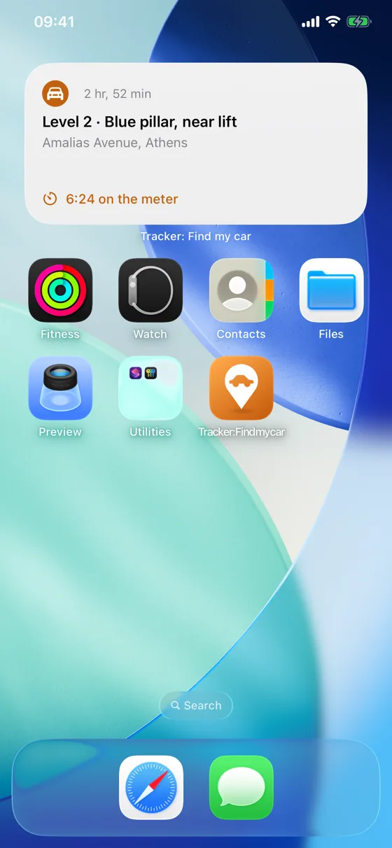 A Home Screen widget showing the level, address and time left on the parking meter.
